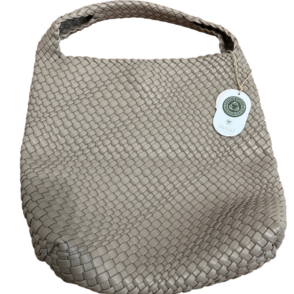 Melie Bianco Taupe Woven Vegan Leather Shoulder Bag Purse EUC